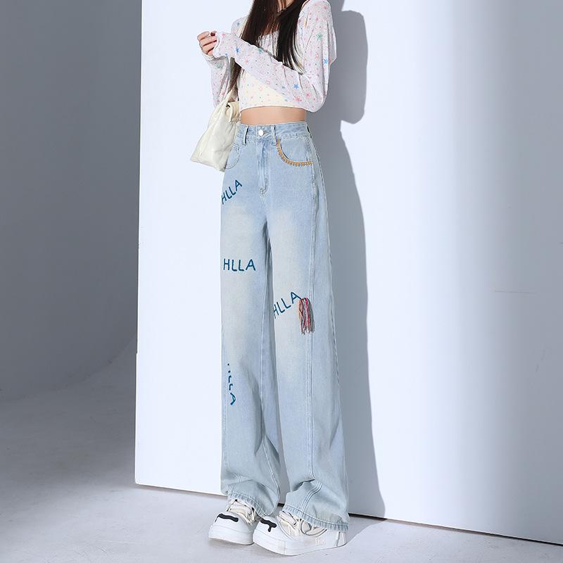Korean Embroidered Jeans for Women - 2025 Spring/Summer Collection: Loose, Slim, Straight-Leg Design