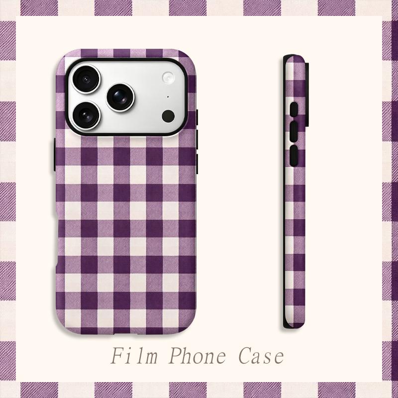 Classic Violet Gingham Plaid Checker Pattern Graphic Art Film Aesthetic Protective Shockproof Bumper Phone Case Cover For iPhone 14 15 16 Pro Max Plus