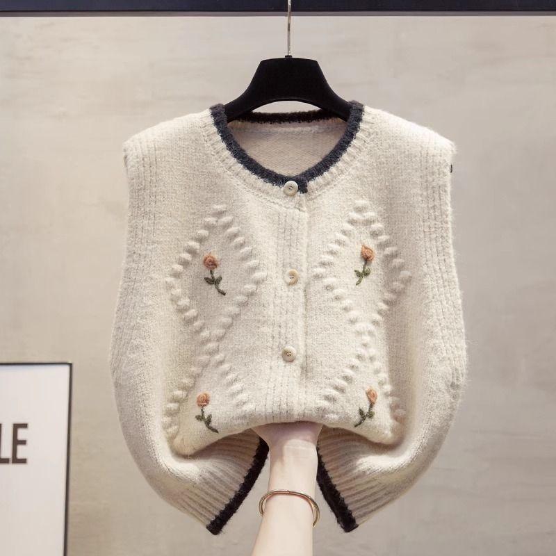 

Handmade Flower Cardigan Knitted Vest Women s Autumn Winter Loose Outerwear Gilet Sweater Waistcoat S