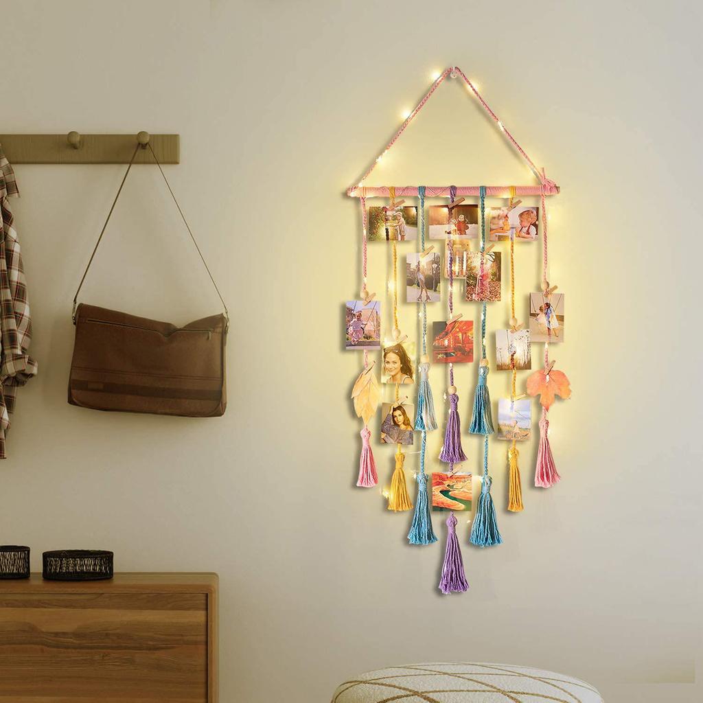 Bohemian Lace Wall Hanging Photo Display with Lights and Clips for Bedroom Decoration