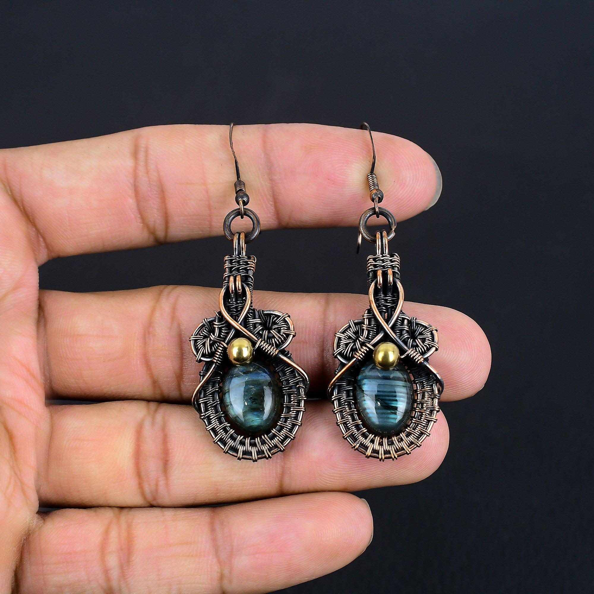 

Серьги из лабрадорита, обернутые медной проволокой 999 пробы, Ювелирные изделия с драгоценными камнями ручной работы, Подарки для жены, Совершенно новые серьги 2.55 Inches