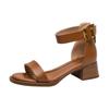 Sandals women's thick heel back zipper retro British style summer new one-word strap sandals middle heel stepping on shit Roman shoes