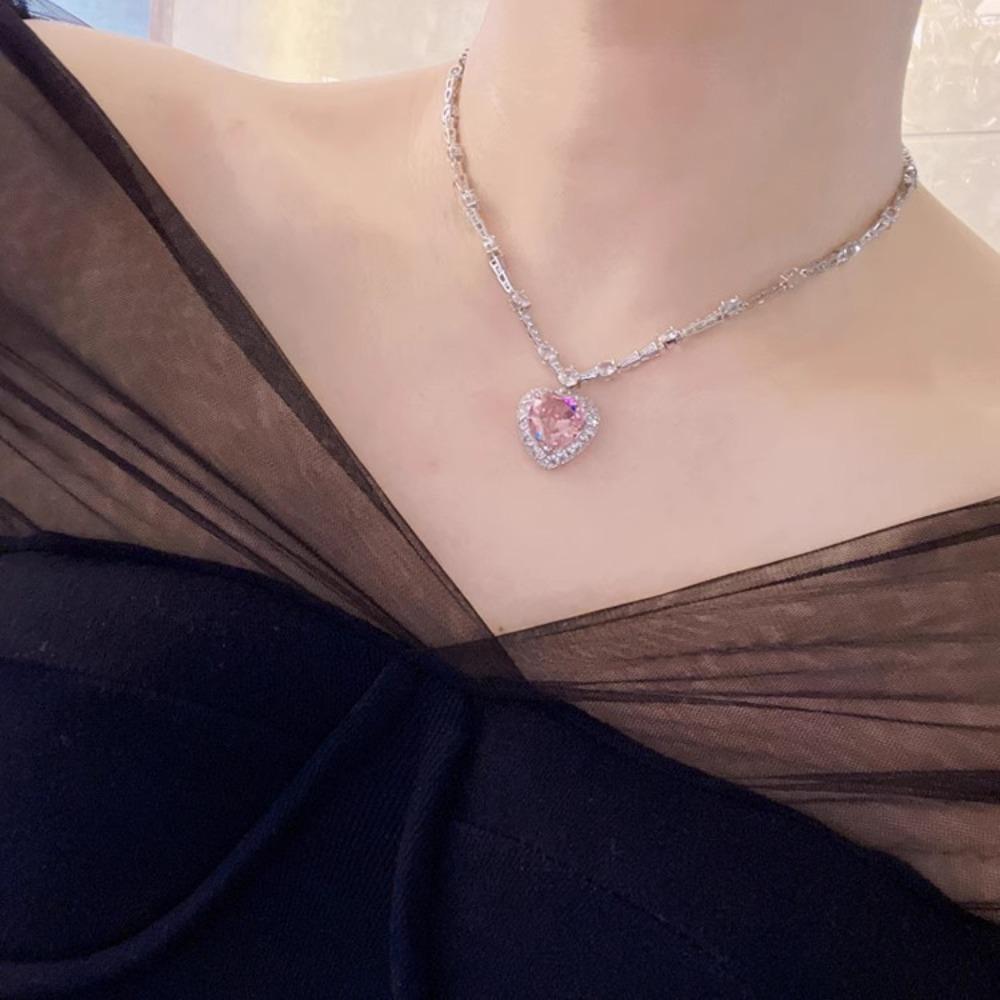 Elegant Pink Heart Zircon Necklace Set with Earring Ring Fashion Jewelry for Women