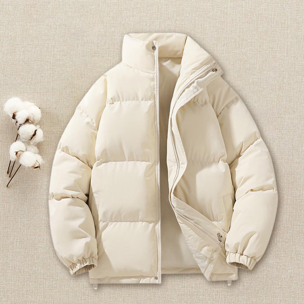 Men Autumn Cotton Coat High Collar Long Sleeve Zipper Closure Wind Shield Coat with Pockets Zipper Placket Elastic Hem One Tone