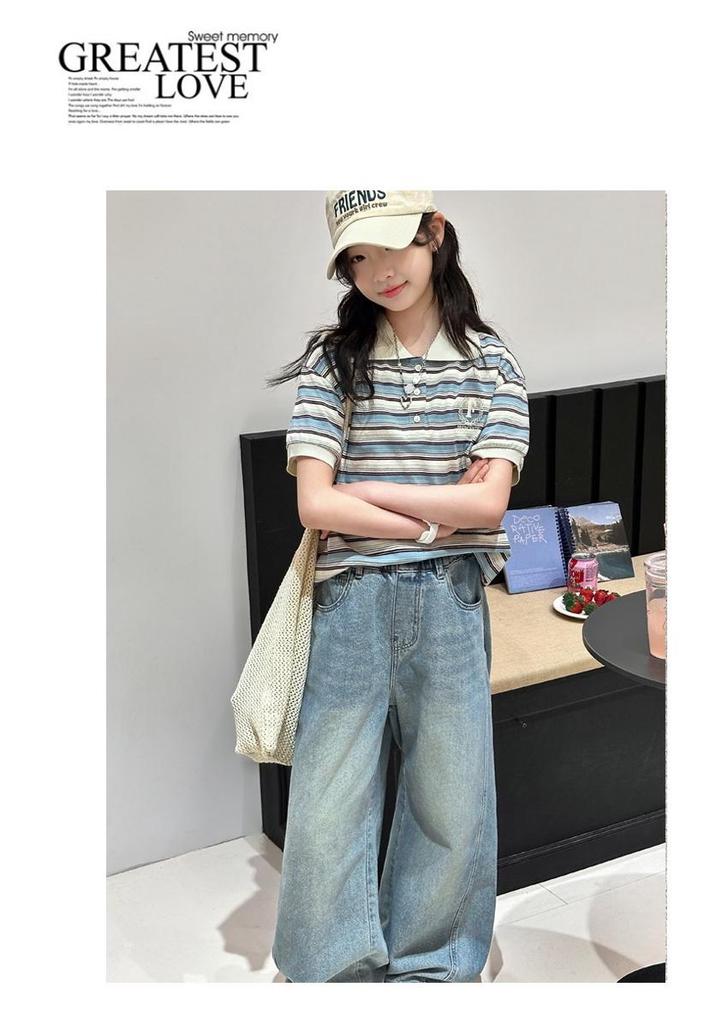 Gestreiftes Polo-Shirt und Jeans-Hose mit weitem Bein für Mädchen - Koreanischer Stil Lässige Sommer-Mode