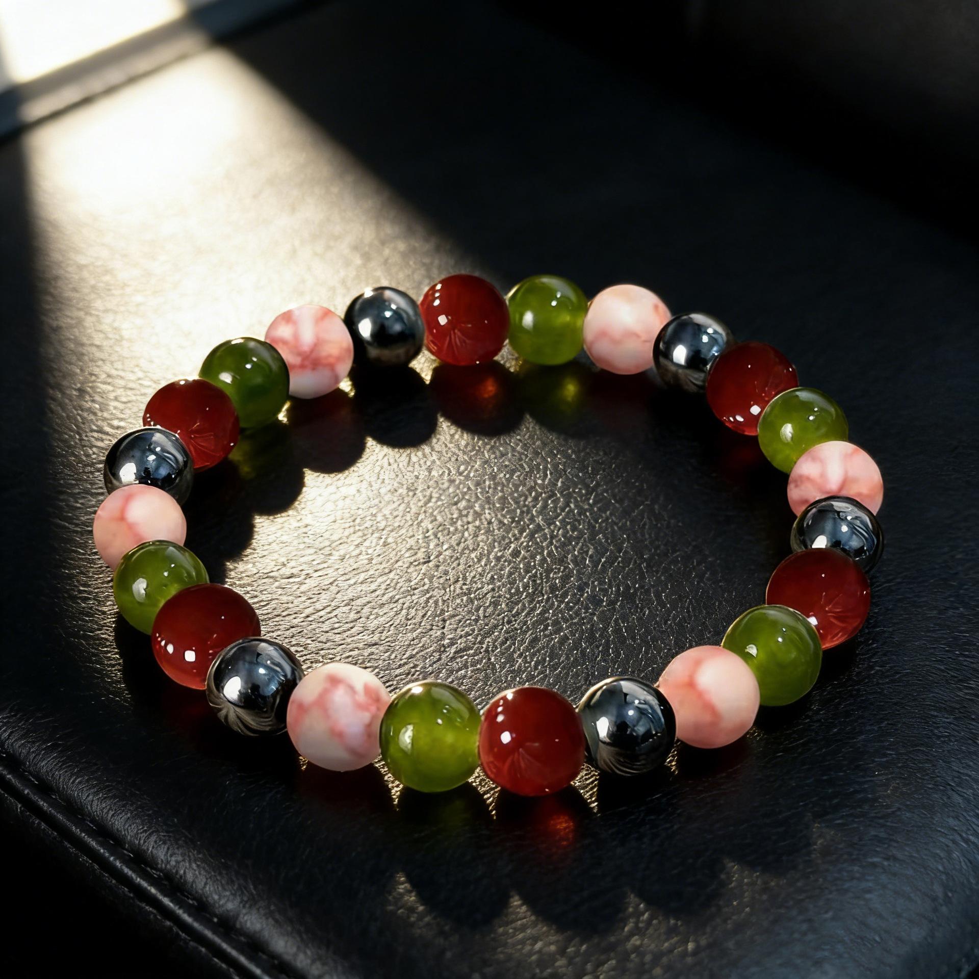 Crystal bracelet, natural redstone, black stone bead, bracelet, elastic bracelet