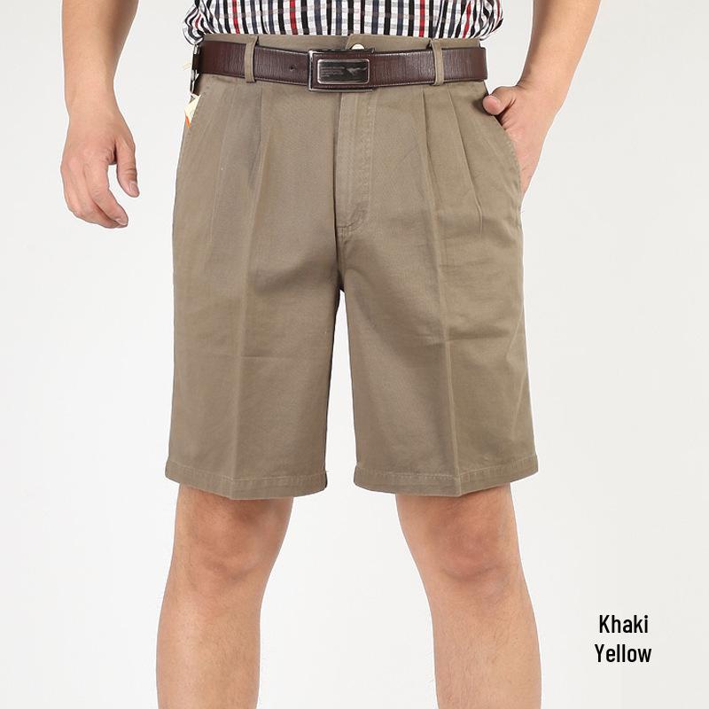 Men's Summer High-Waist Pure Cotton Loose Shorts - Double Pleated, Mid-Length Casual Wear for Middle-Aged and Elderly.