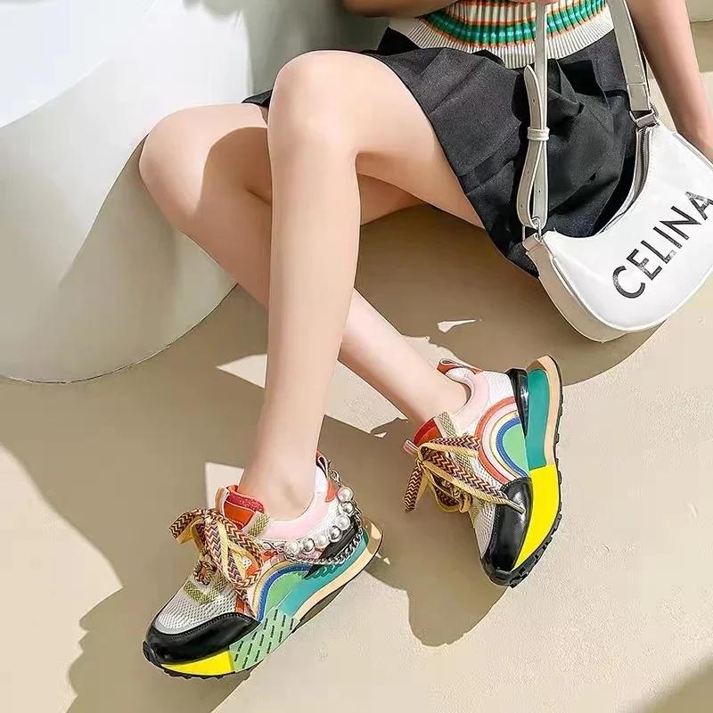 New Lace Up Iridescent Pearl Chain Decorative Women's Vulcanized Shoes Women's Platform Sneakers   De Mujer  Women Shoes