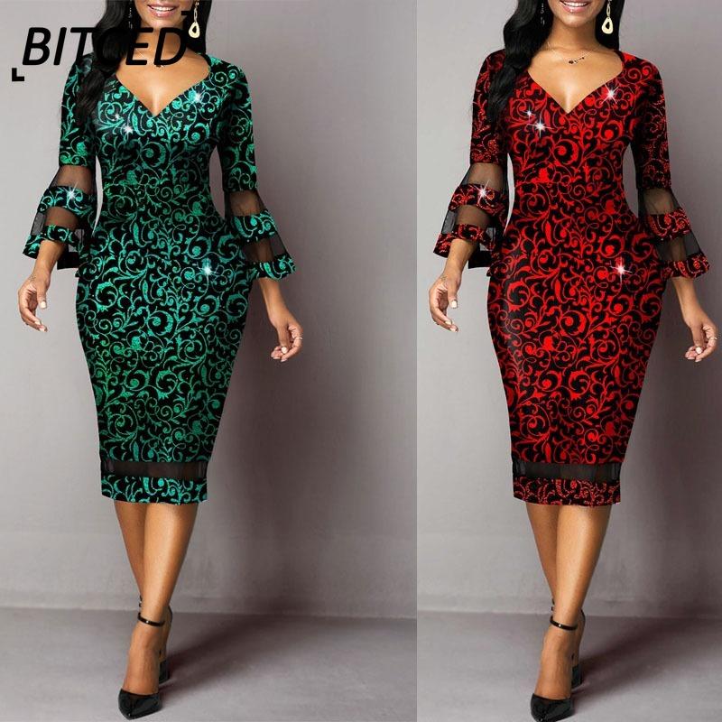 BITCED Fashion Summer Spring Solid Color Print 3/4 Sleeves V-Neck Casual Dresses