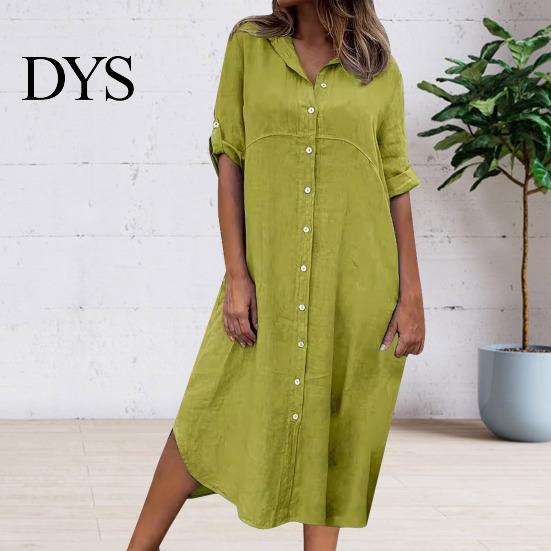 Buttoned Women Dress Summer SIngle-breasted Half Sleeves Turn-down Collar Loose Lady Daily Solid Color Buttons Commute Wear Midi Shirt