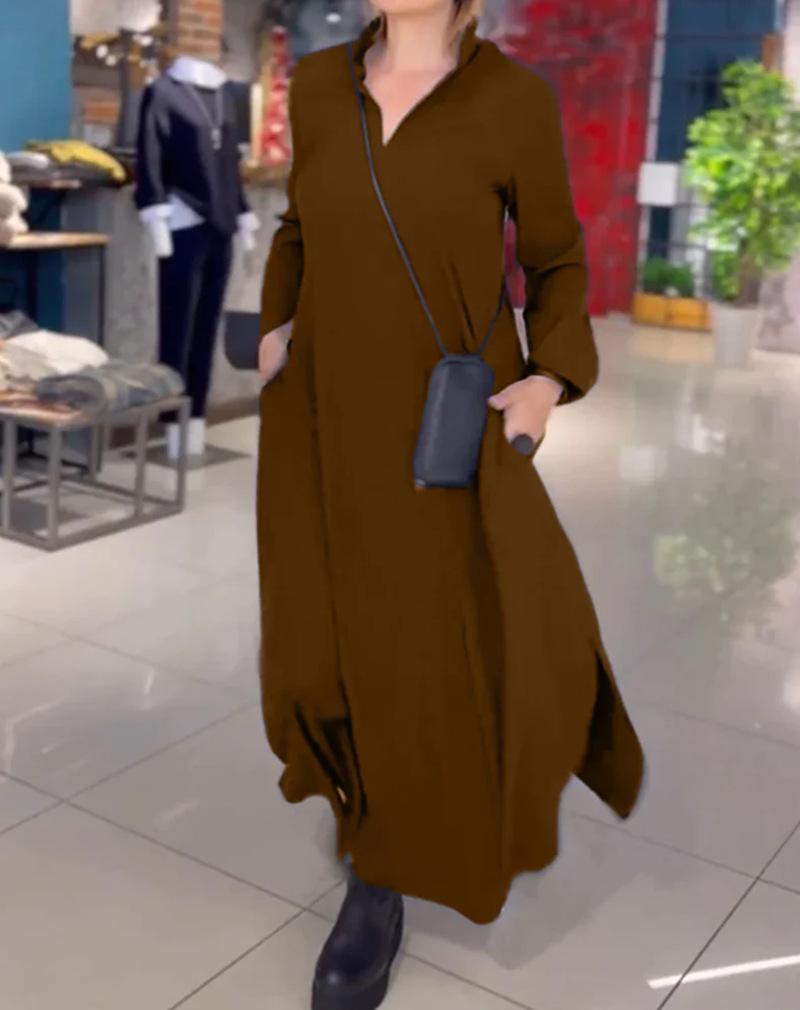 2024 European & American Autumn/Winter Casual V-Neck Long-Sleeve Solid Dress for Women