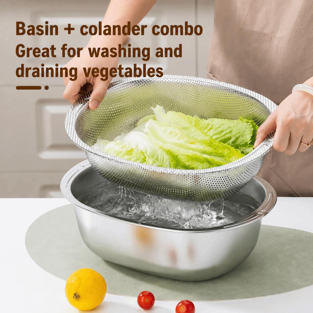 201 Stainless Steel Rice Washing Basin 2 in 1 Mixing Bowl New Vegetable Washing Basin Kitchen Use