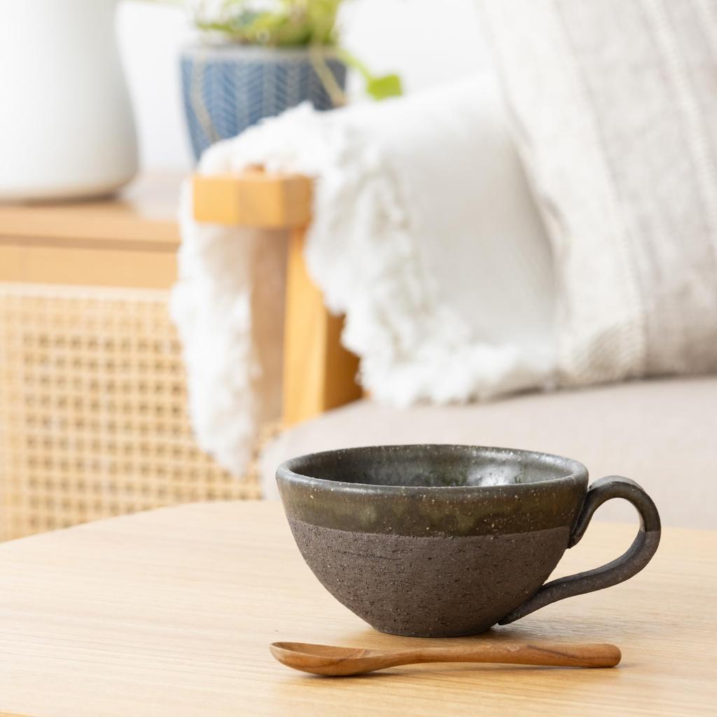 Marui Seito Shigaraki Ware Hechimon Soup Cup, Approx. 330ml Capacity, Carbonized Glass, Brown, MR-3-4421