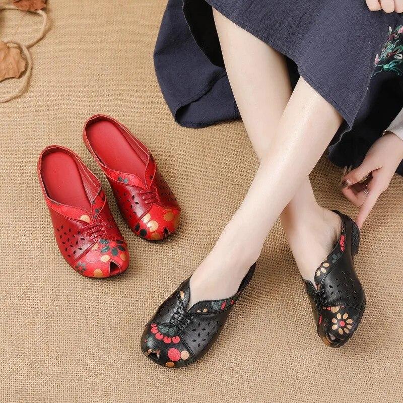 Johnature Ethnic Style Printed Genuine Leather Outdoor Slides Women Versatile Handmade Low Heeled Slippers