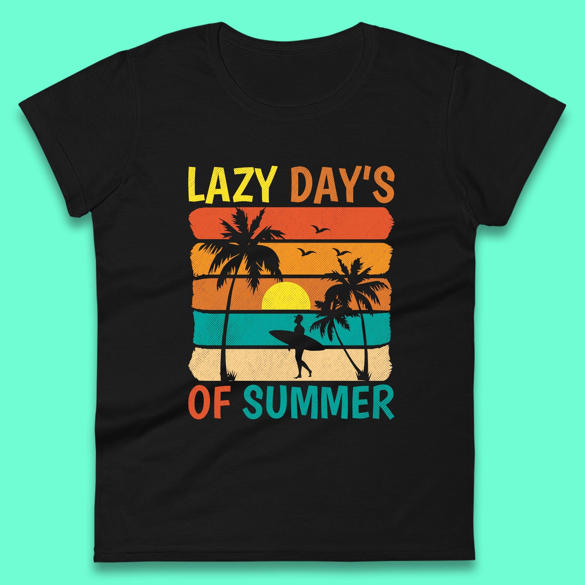 Lazy Days Of Summer Vintage Retro Sunset Surfer Beach Palm Trees Womens Tee T Shirt Mens Tops Unisex Top S