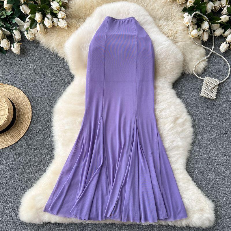 

High Cold Adult Lady like Woman Wear Women s Work Clothing All-Match Tutu Stylish Stretch Silm Mesh Patchwork Fishtail Bodycon Dress Purple One size