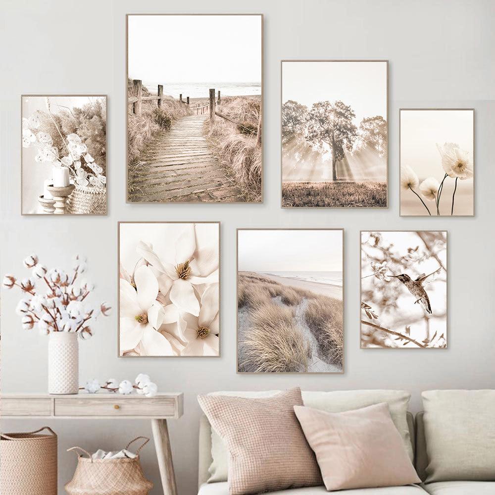 Nature Scenery Poster Canvas Painting Prints Reed Beach Pine Bird Magnolia Flower Nordic Wall Art Decoration Home Wall Art Decor