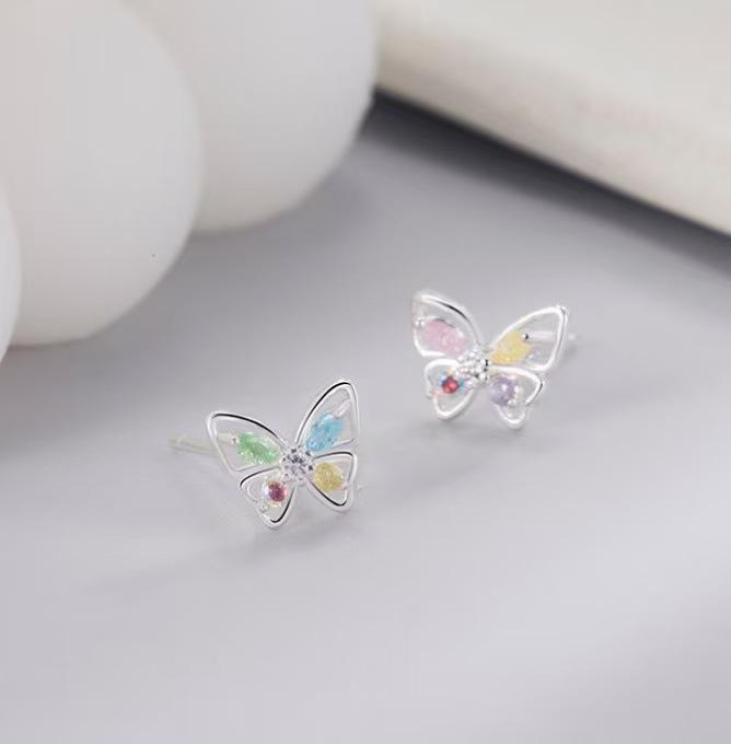 New Fashion Creative Colorful Diamond Butterfly 925 Sterling Silver Jewelry Sweet Girly Asymmetric Earrings TYB626
