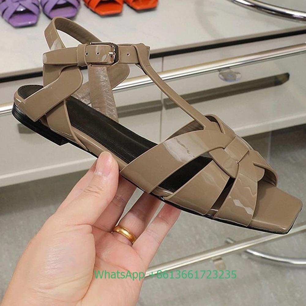 Fashion Women Cross Straps Square Toe Flat with Sandals Solid Color Open Toe Real Patent Leather Flat Sandales 2025 Newest Summer Sandal
