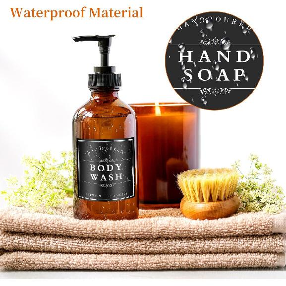 White Waterproof Soap Labels for Plastic/Glass Bottles, Bathroom/Kitchen Hand Soap Dispenser Label Stickers, Removable Cleaning Bottle Labels for