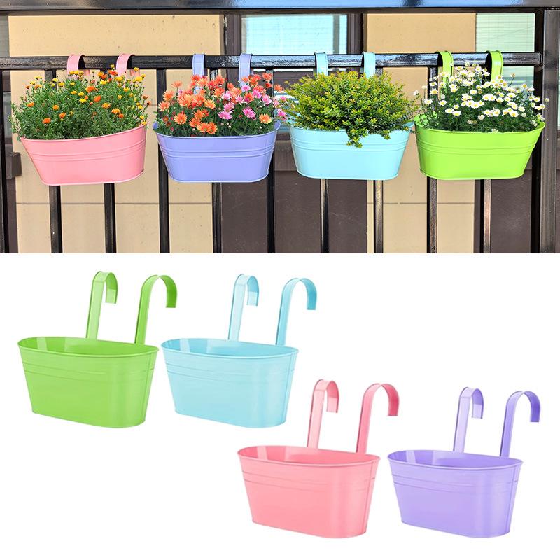 Detachable Oval Metal Hanging Flower Pot with Double Hook for Balcony and Fence