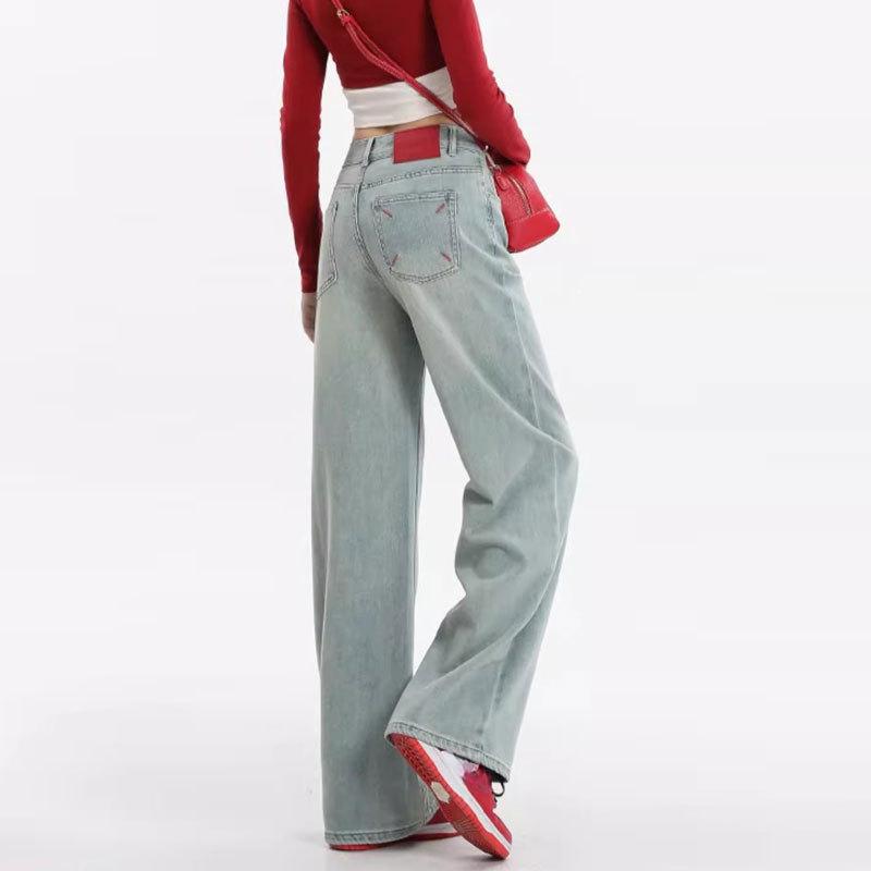 Clashing Embroidery Straight Jeans Women's Pant Flesh Covering Pear High Waisted Wide Leg Drag Trousers