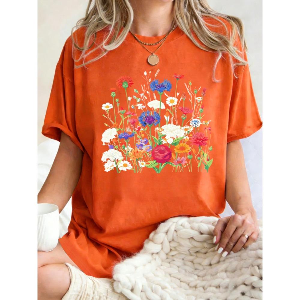 Flowers That Absorb Sunlight Printed T Shirt Women Summer Casual Short Sleeve O-Neck Loose T-Shirt Cotton Sportswear