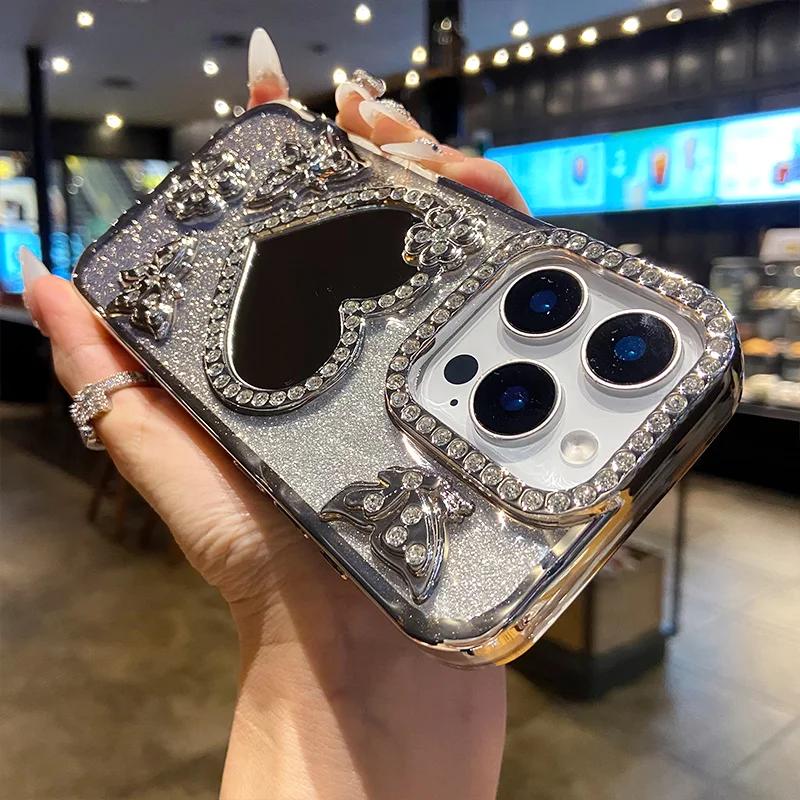 Luxe Galvanisch Gecoate Vlinder Glitters Diamant Hoesje voor IPhone 17 16 15 14 13 12 Pro Max Transparante Hart Make-up Spiegel Cover