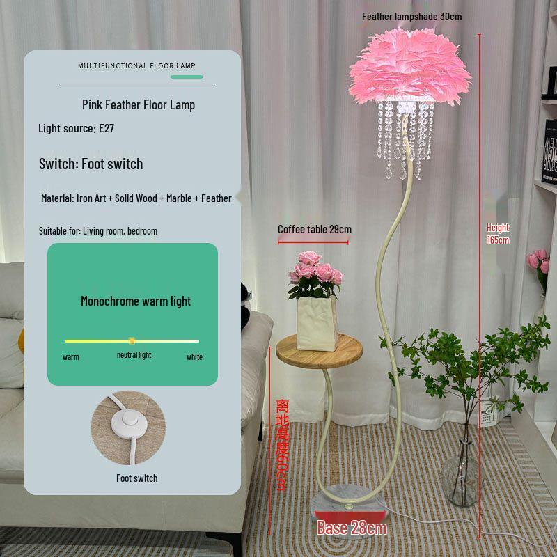 Elegant Crystal Feather Floor Lamp with Side Table Storage - Perfect for Living Room or Bedroom