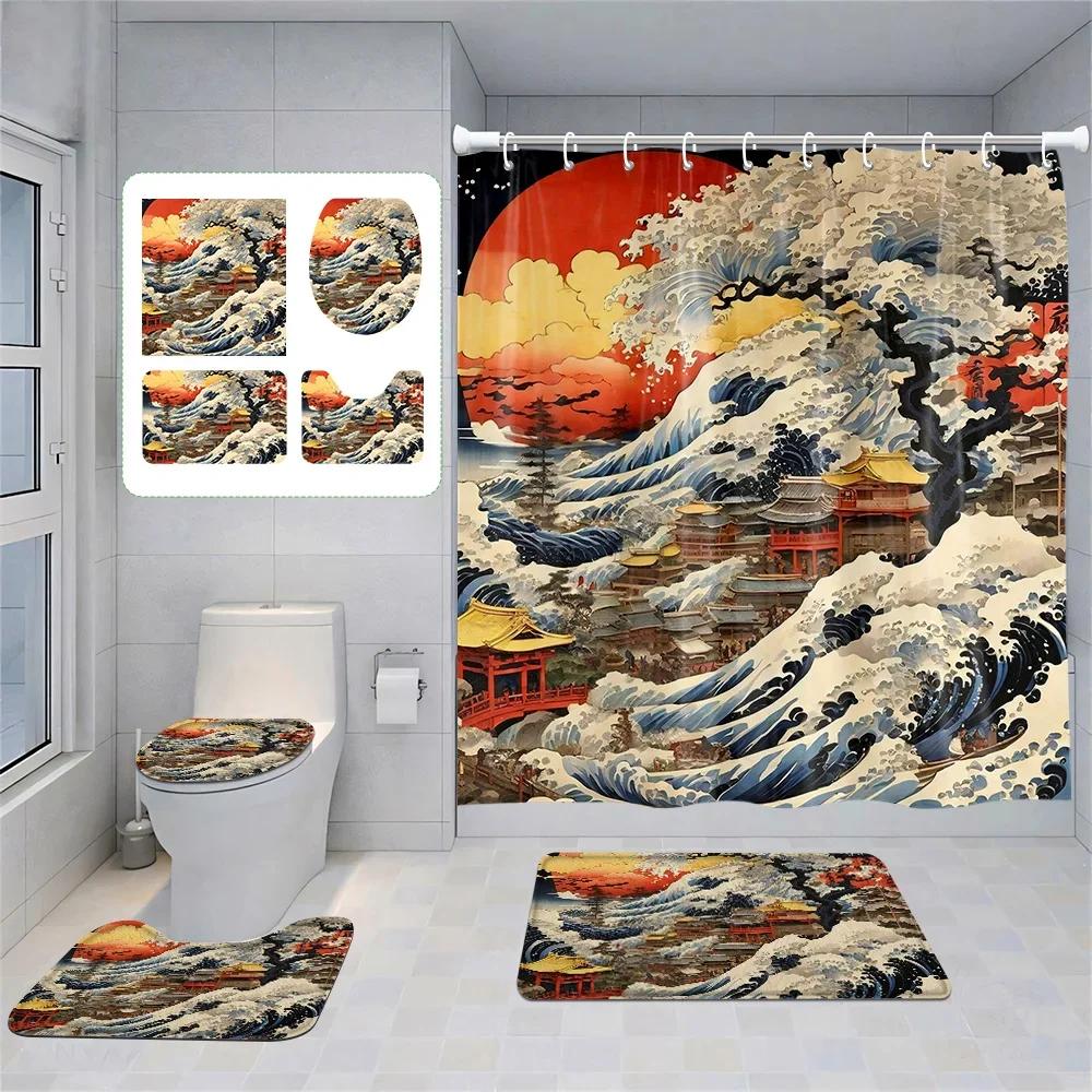 

Japanese Style Retro Landscape Shower Curtain Bathroom Partition Curtain Bathroom Set With Shower Curtain And Rugs 90x180cm