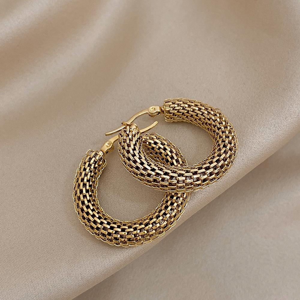 FLASHBUY Stainless Steel Gold Color Geometric Metal Mesh Earrings for Women Girls New Trend Hoop Ear Jewelry Gift
