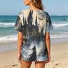 Women's Casual Short Sleeve Linen Cotton Blend Henley Shirt with Chest Pocket Halloween Themed Graphic Print