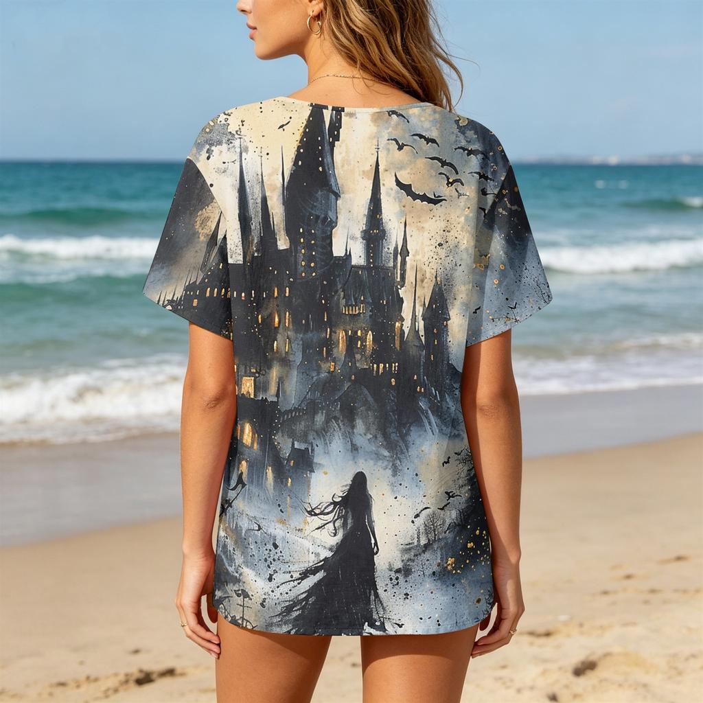 Women's Casual Short Sleeve Linen Cotton Blend Henley Shirt with Chest Pocket Halloween Themed Graphic Print