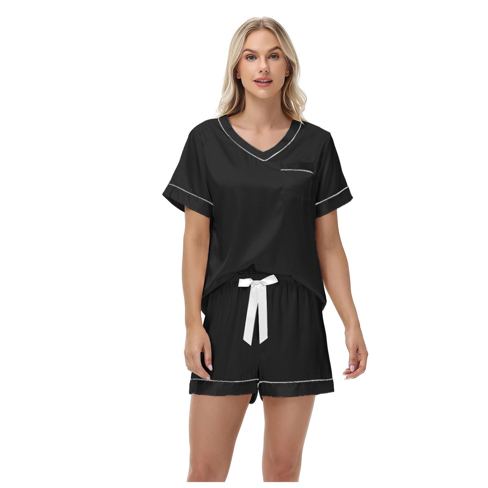 

Короткие рукава шорты летняя сексуальная пижама V-образный вырез Ice Silk костюм женская домашняя одежда XXL чёрный