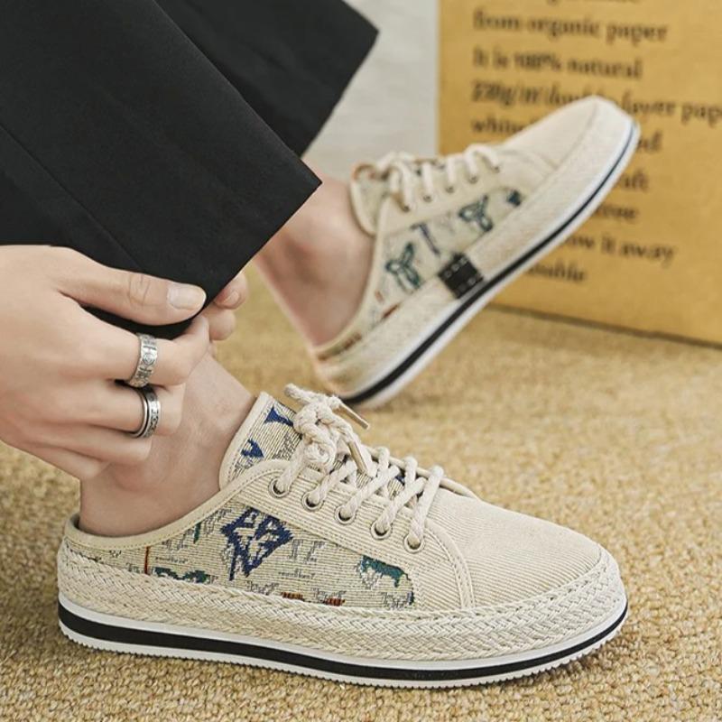 Fashion Canvas Slippers for Men Original Designer Luxury High Quality Mens Loafers Comfort Baotou Half Sandals Zapatos De Hombre