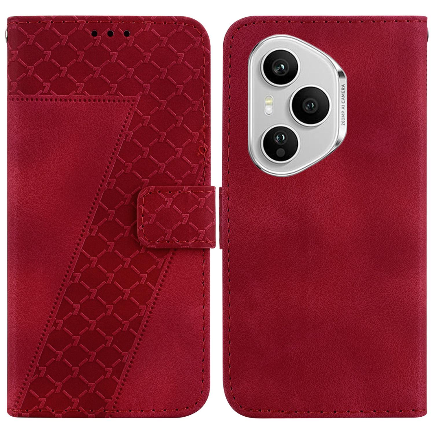 

For Honor 400 Pro 5G (Global) Stand Case 7-Shaped Pattern Imprint Leather Phone Cover with Strap Red