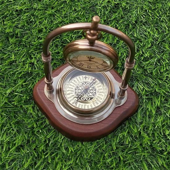 Brass Antique Nautical Vintage Style Victoria Table Clock with Compass On Wood Base Best for Home, Office Decor.