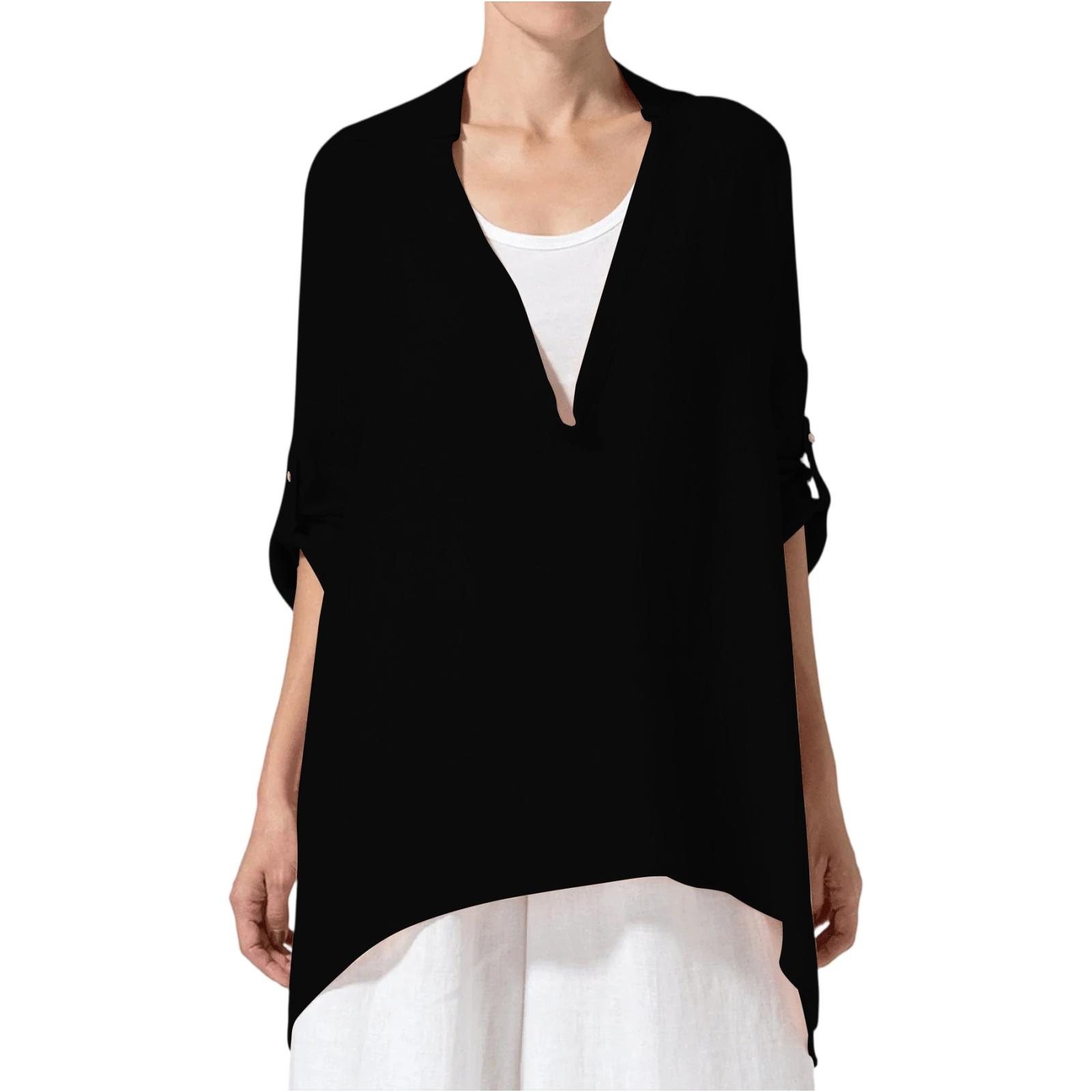 

Fashionable Women s Solid Color Cotton And Linen Loose V-neck Top L