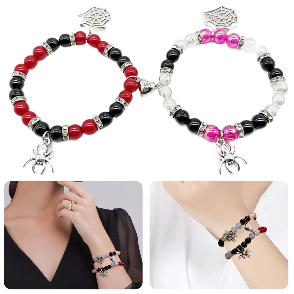 2Pcs Fashion Halloween Spiders Couple Bracelets Magnetic Heart Charm Bangle Festival Hand Link Jewelry Accessories Gift