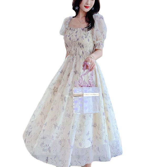 2025 Summer Floral Chiffon Dress: Puff Sleeve, Waist-Slimming, Short Sleeve