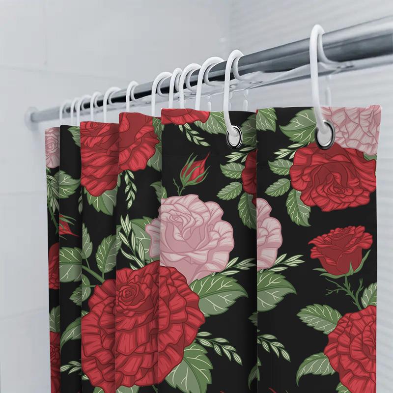 Beautiful Red Roses Flower Bath Shower Curtain Waterproof Washable Printing Decorative Rug Home Decoration (Multicolor)