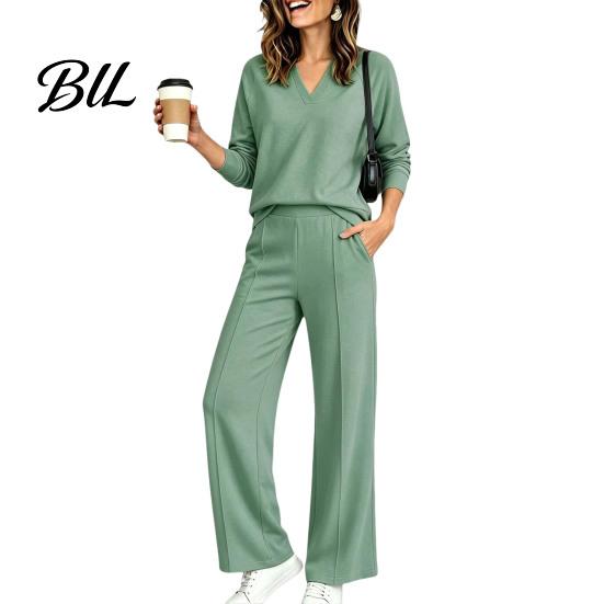 Damen Sportanzüge Sweatshirt Hose 2-teiliges Set, V-Ausschnitt Langarm Oberteil & Weiter Passender Lounge Set Hosen mit Elastischem Bund, Einfarbig