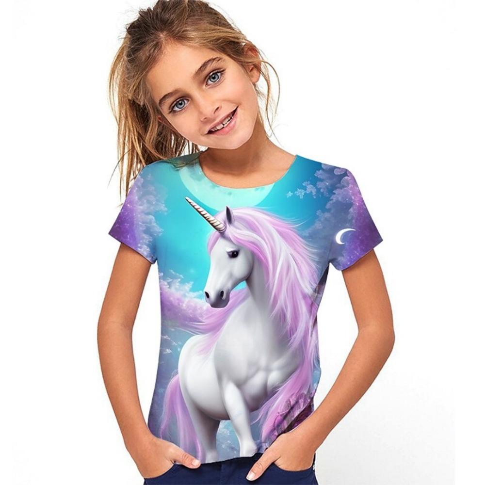New 3D Horse Pattern Printed T-Shirt Summer Short Sleeve Fashionable Children's Casual Girls' Top