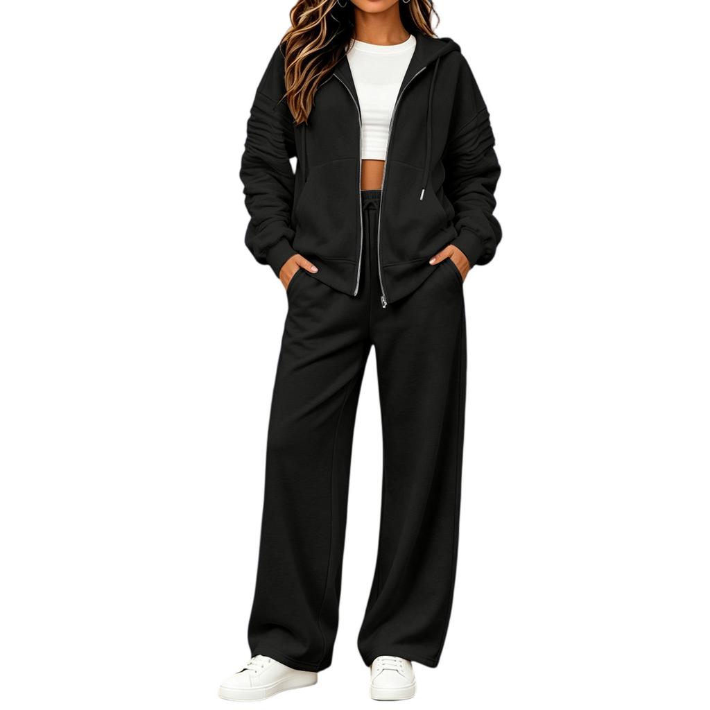 Women's Casual Two Piece Set with Zipper Cardigan and Long Pants, Fall Winter Comfortable Everyday Outfit