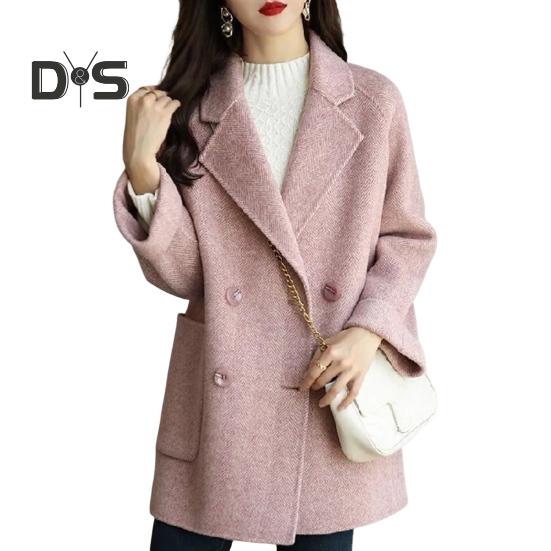 

Женское зимнее шерстяное пальто в деловом стиле с отложным воротником, двубортное пальто средней длины, куртка для поездок на работу, однотонная плотная верхняя одежда L розовый