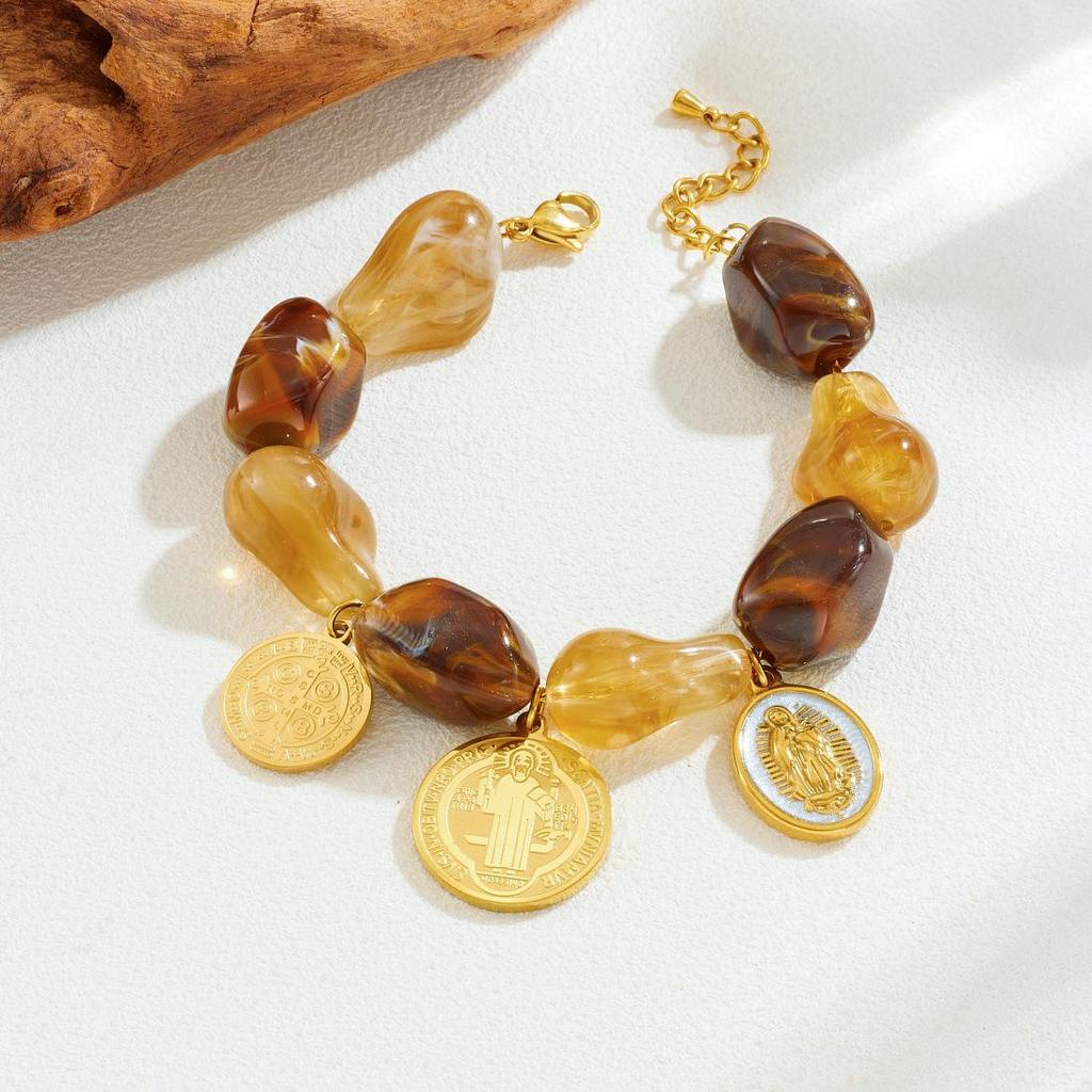 Retro High-End Color Block Resin Beaded Gold-Plated Enamel Oval Portrait Jewelry Set