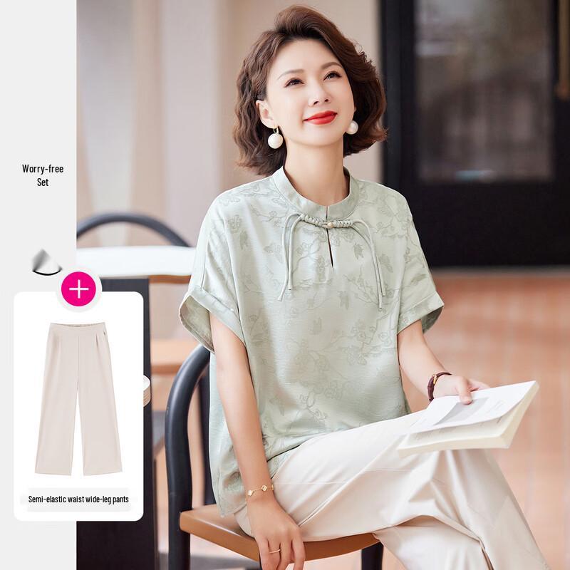 

Pasite Комплект топ с коротким рукавом и брюки в новом китайском стиле для женщин среднего возраста L