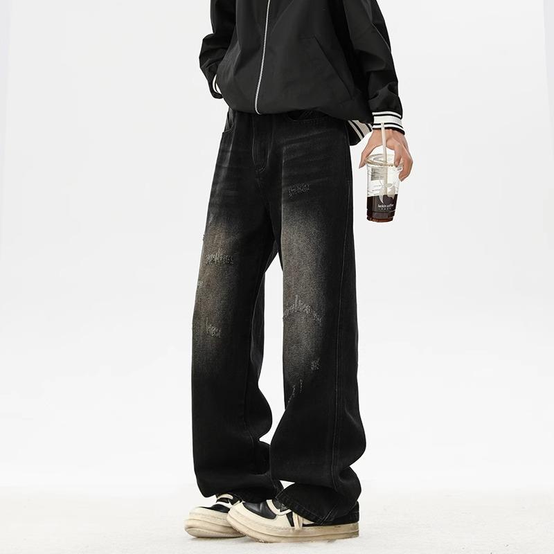 American retro washed ripped jeans men's trendy high street cat beard loose straight casual wide-leg trousers