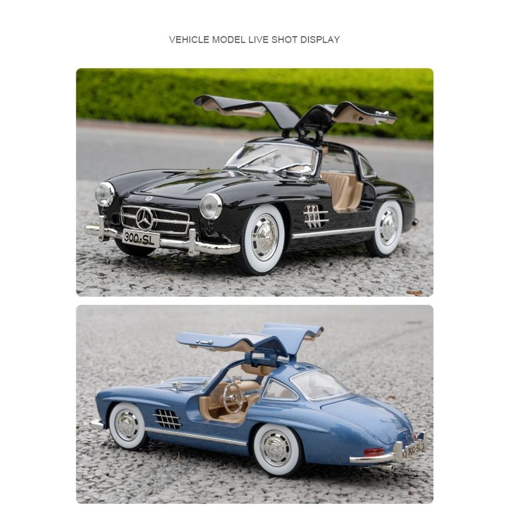 1/24 Mercedes-Benz 300SL Vintage Diecast Alloy Miniature Toy Car Model Pull Back Sound Light Classical Collection Gift for Boy