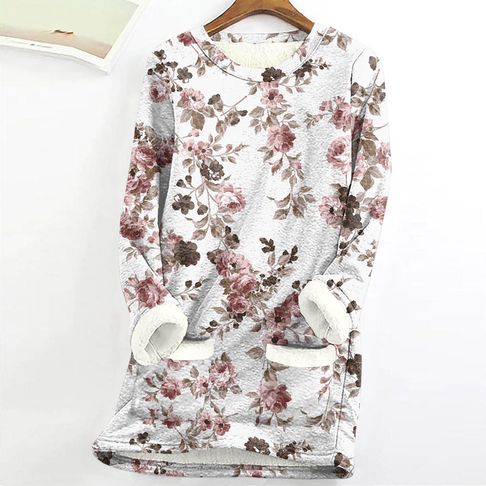 

Женский топ с круглым вырезом и принтом из утолщенного плюша и кашемира, теплый длинный топ M белый